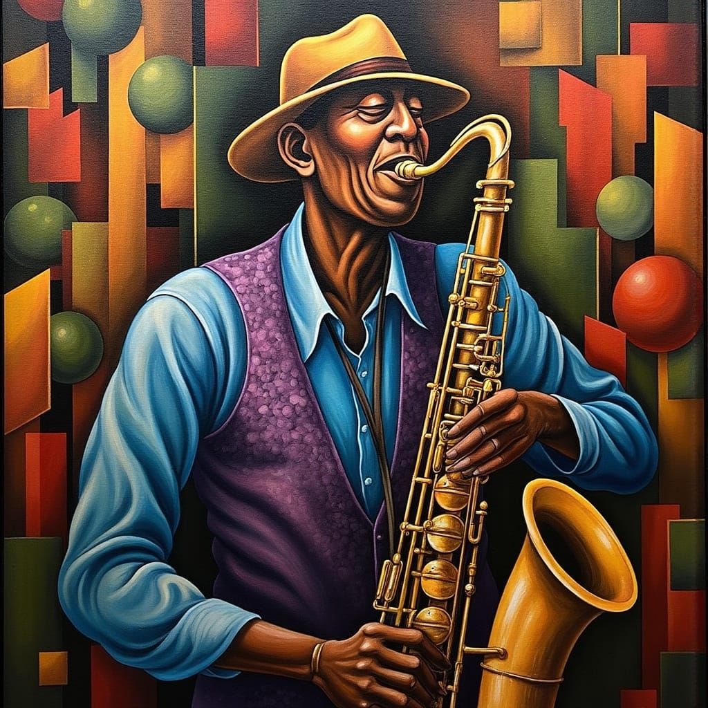 Saxophonist in Ernie Barnes Style Digital Painting