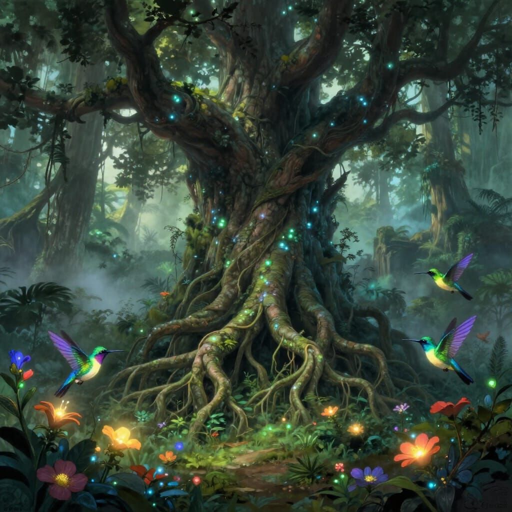 Ancient Bioluminescent Tree in Misty Jungle Ruins