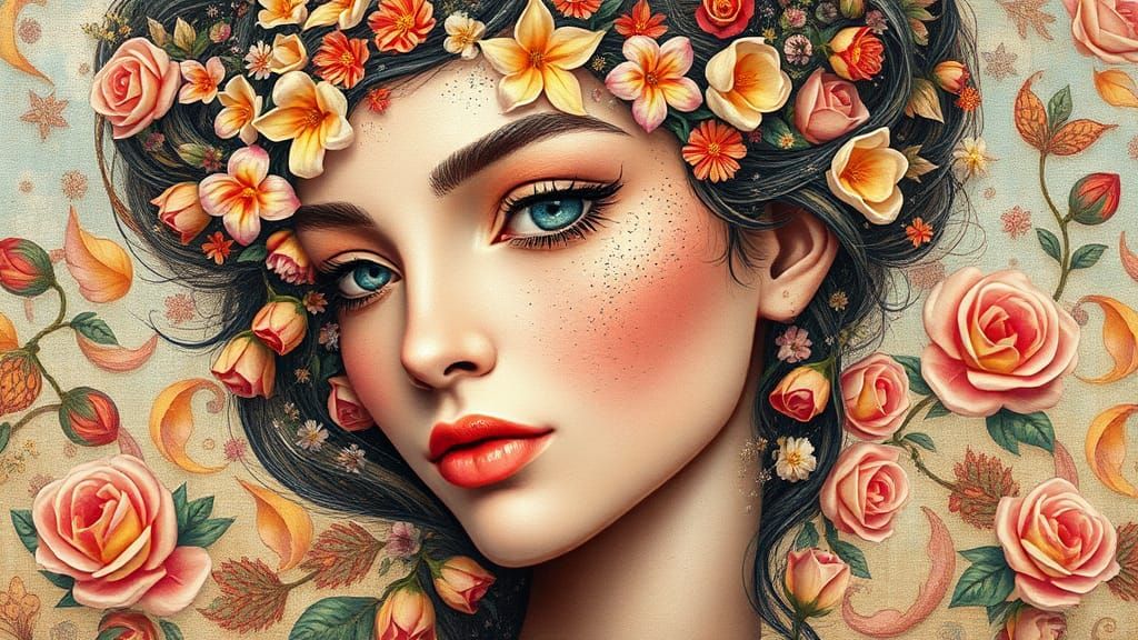 Floral Woman Portrait in Neo-Impressionist Style