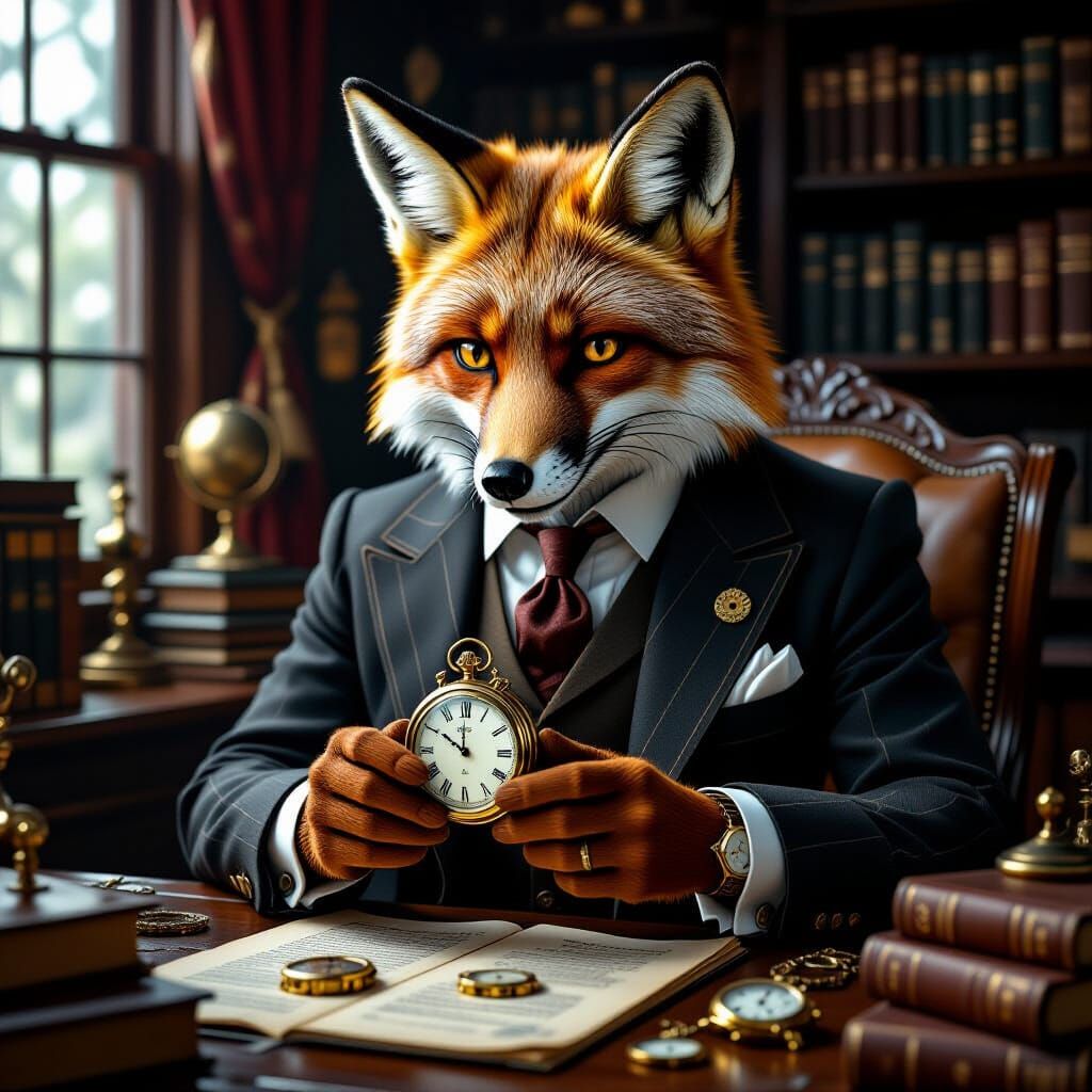 Fox in Vintage Suit Examines Pocket Watches in Study