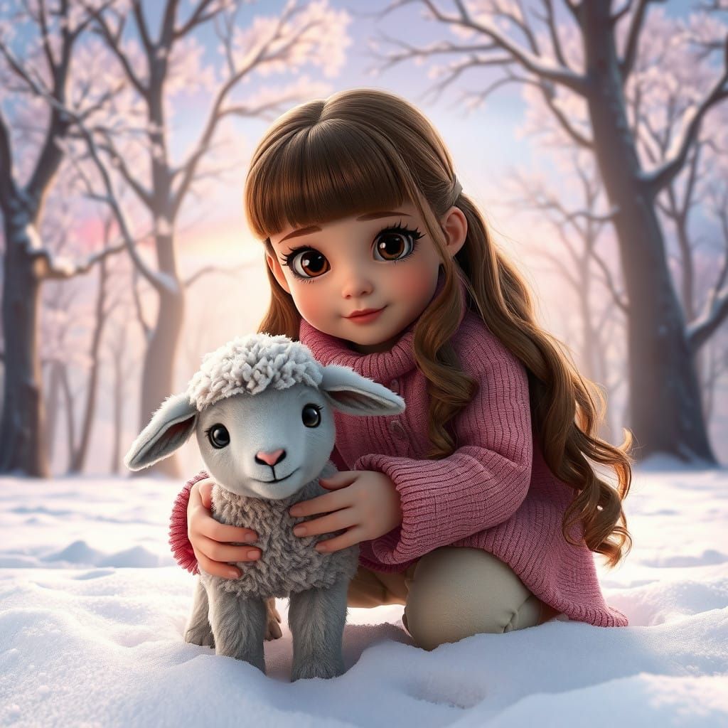 Heartwarming Scene of a Little Girl Petting a Gray Lamb in a...