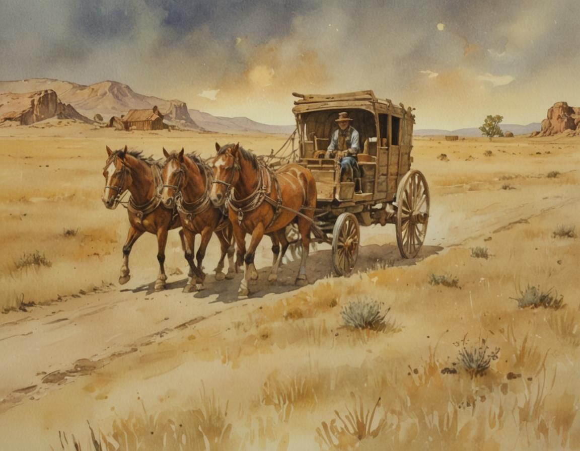 Watercolor Western Wagon in Comic Book Art Style