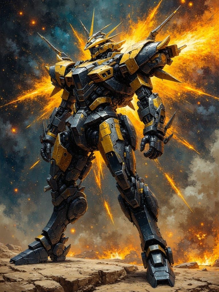 Gundam-Inspired Mecha with Kintsugi Cracks