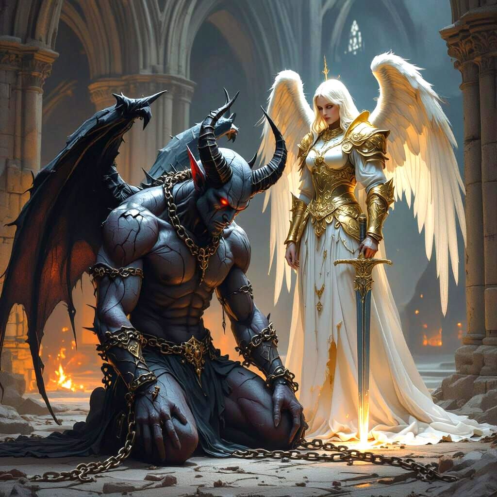 Gothic Realism Art: Chained Demon Kneels Before Angel