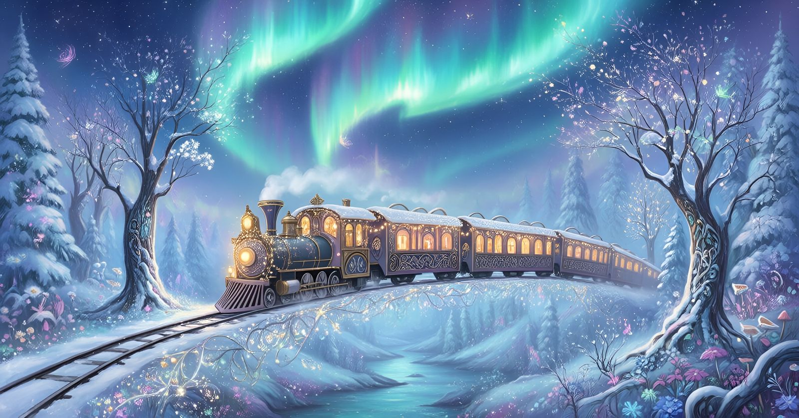 Whimsical Art Nouveau Train in Magical Winter Wonderland