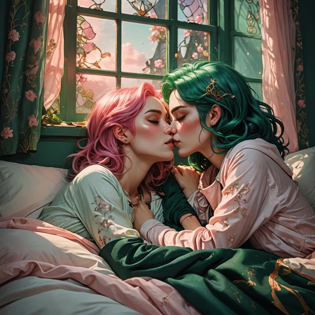 Girls Kissing in Bed: Fantasy Concept Art