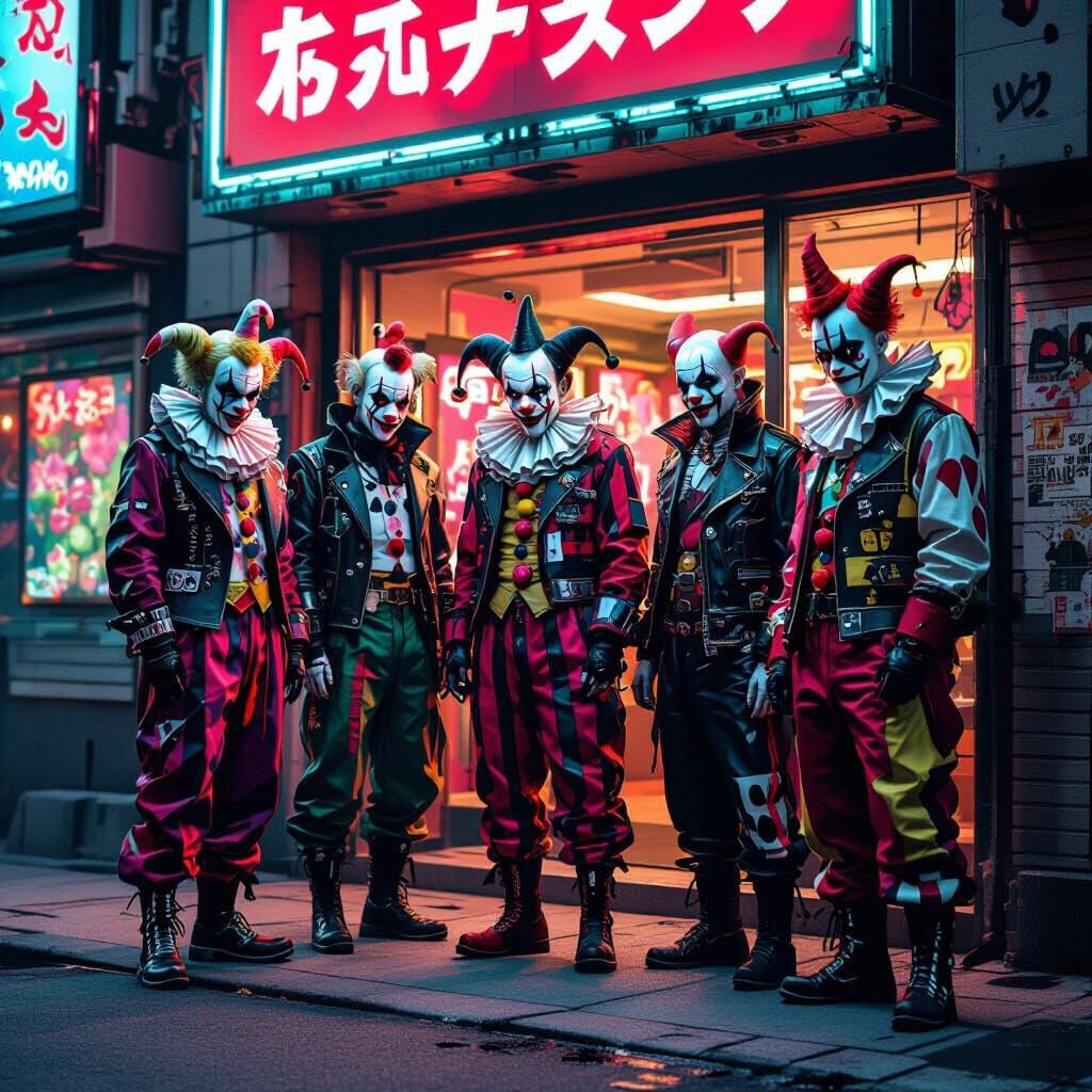 Cyberpunk Clowns Outside Neo Tokyo Club in Noir Style