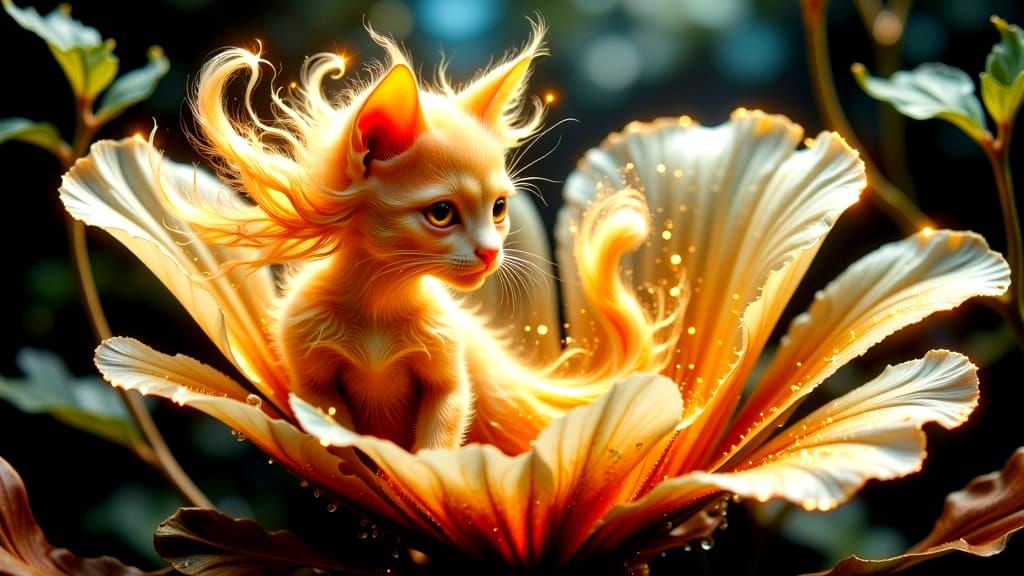 Golden Celestial Kitty in Enchanted Garden