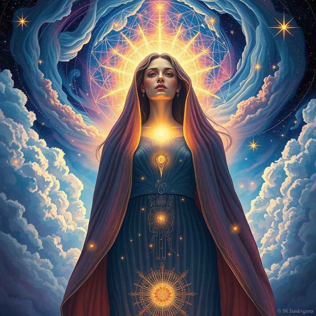 Triumphant Woman Illuminated by Cosmic Wisdom