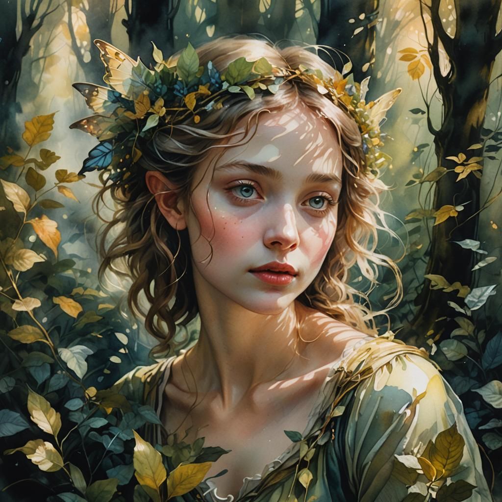 Delicate Fairy Portrait in Watercolor Style