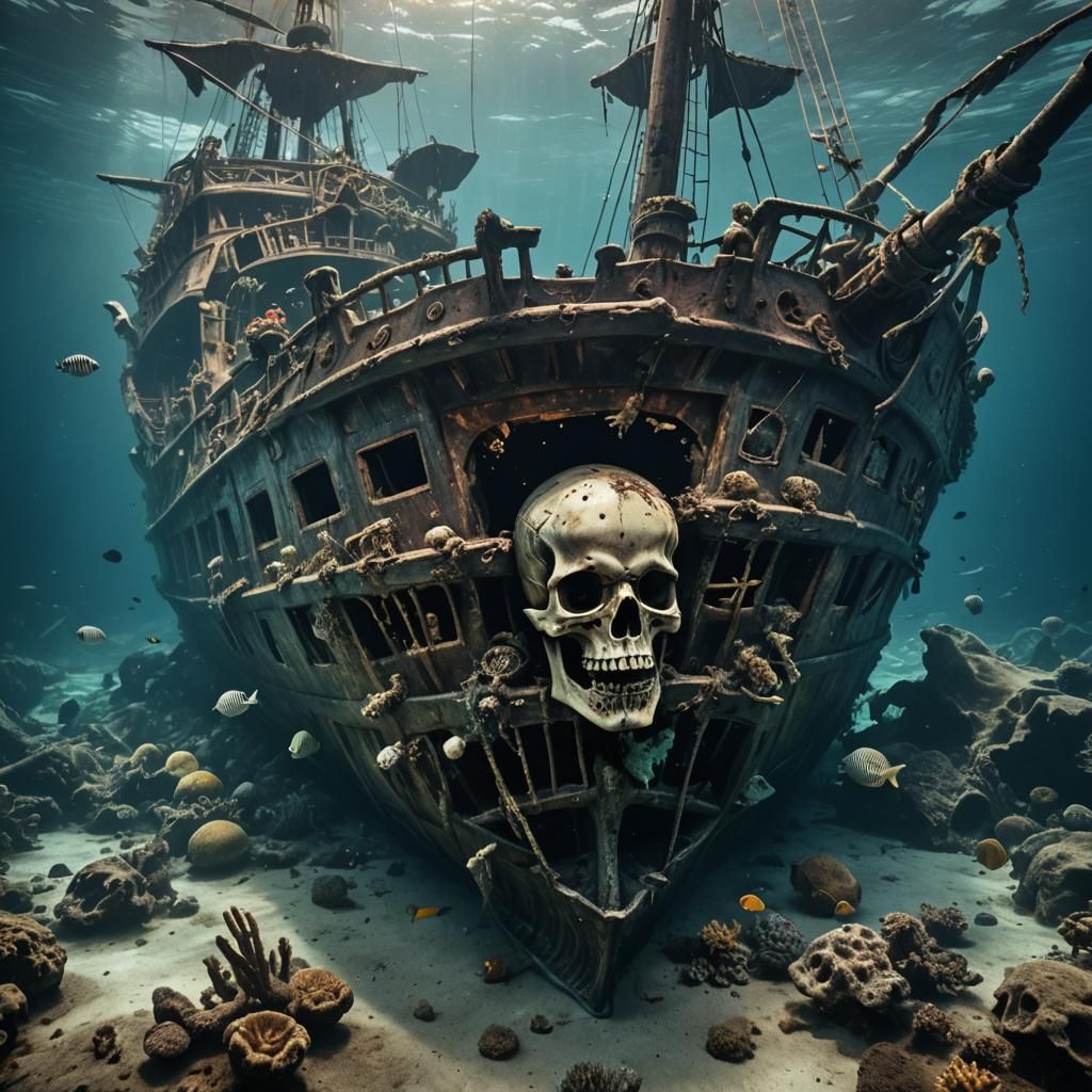 Submerged Pirate Ship Wreckage in Cinematic Style