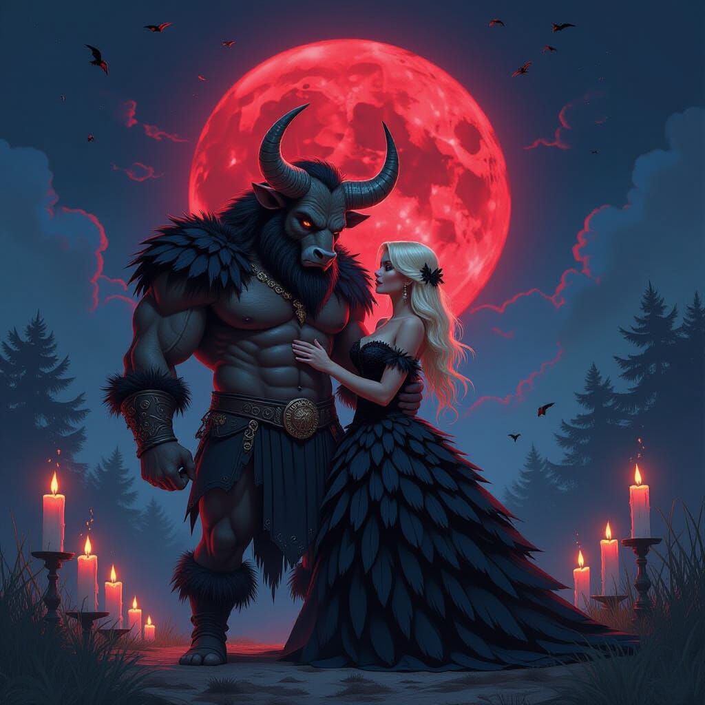 Minotaur and Bride Under Red Moon in Graffiti Art Style