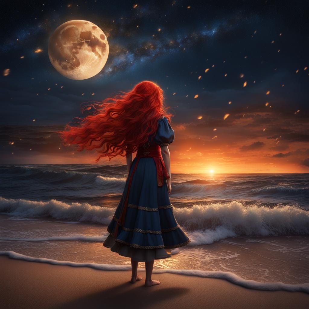Red-Haired Girl on Beach Under Starry Sky