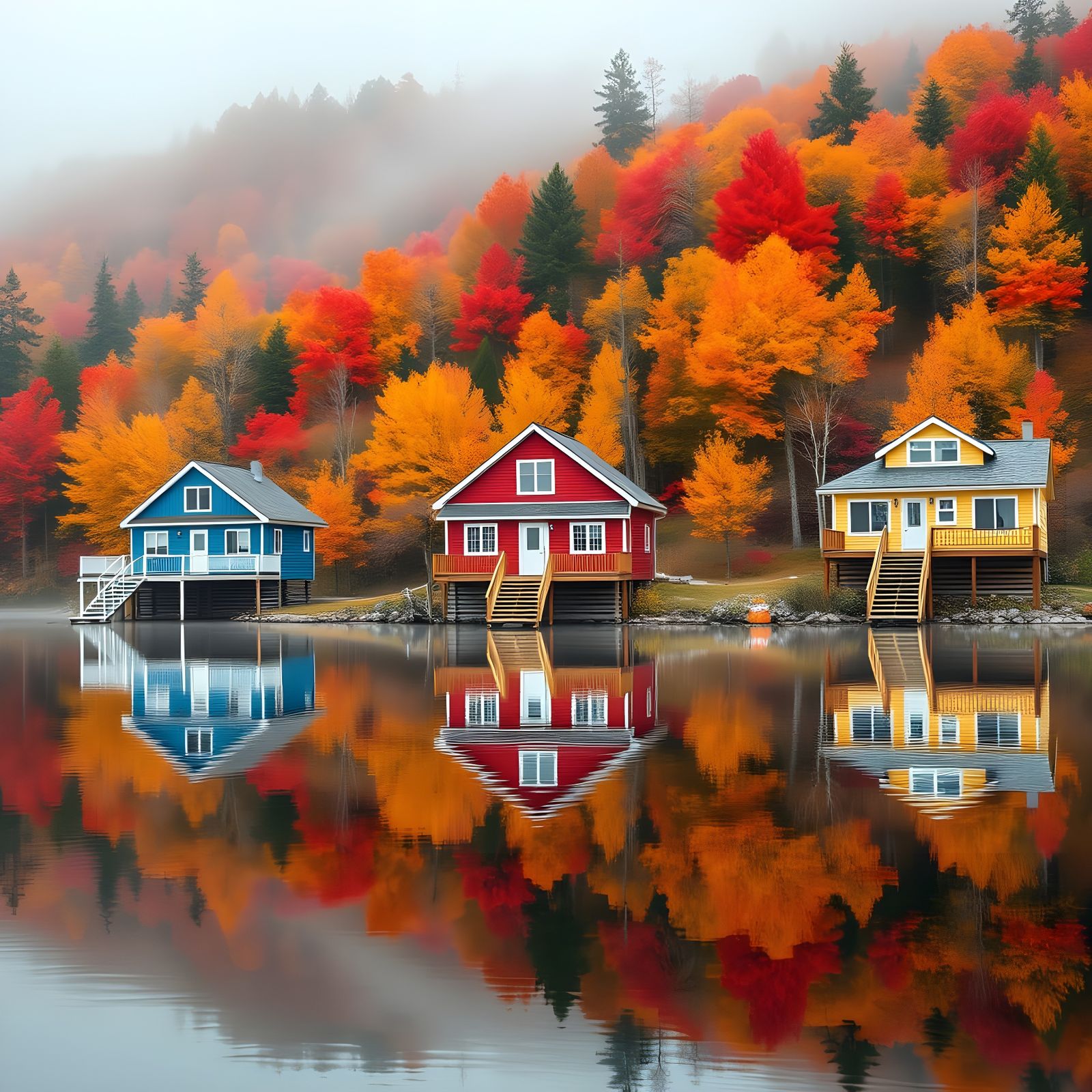 Hyper-Realistic Autumn Lakeside Houses Reflecting Vivid Foli...