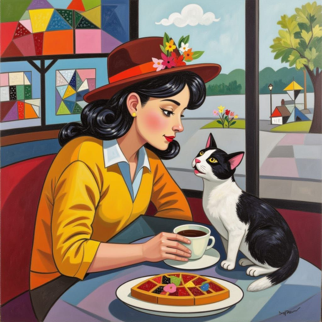 American Diner Scene with Girl, Cat, and Waffles