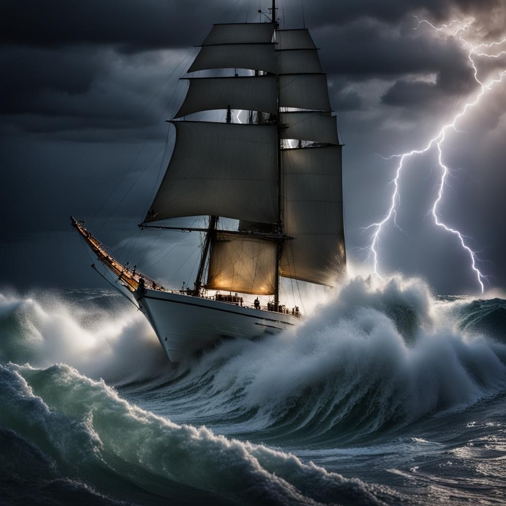 Boat Sails Through Stormy Seas Under Divine Light