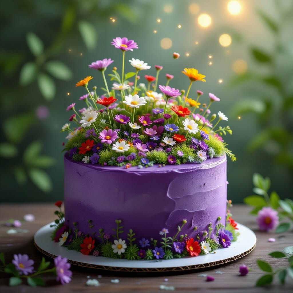 Whimsical Purple Cake with Miniature Garden