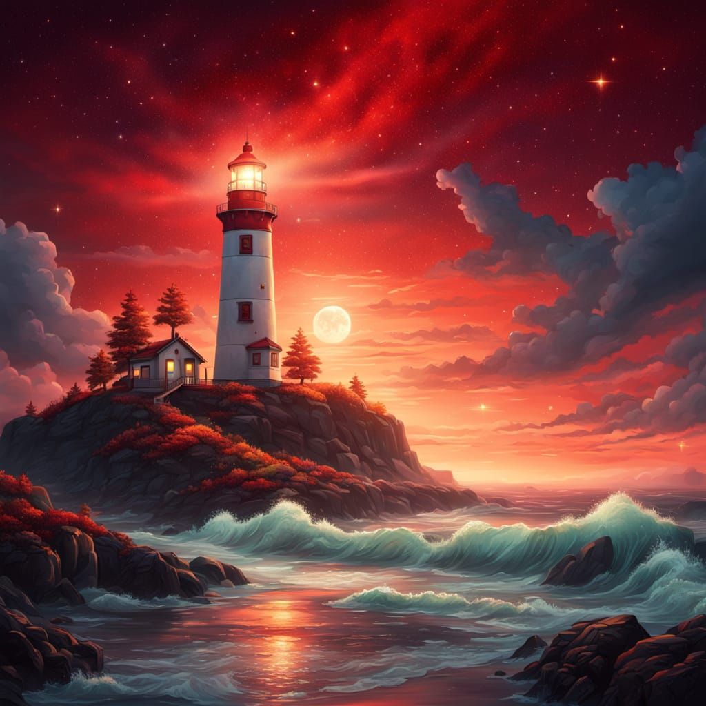 Lighthouse Under Red Starry Sky: Oil Painting