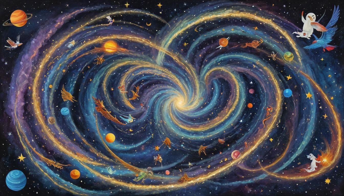 Mystical Creatures Soaring Through a Starry Galaxy