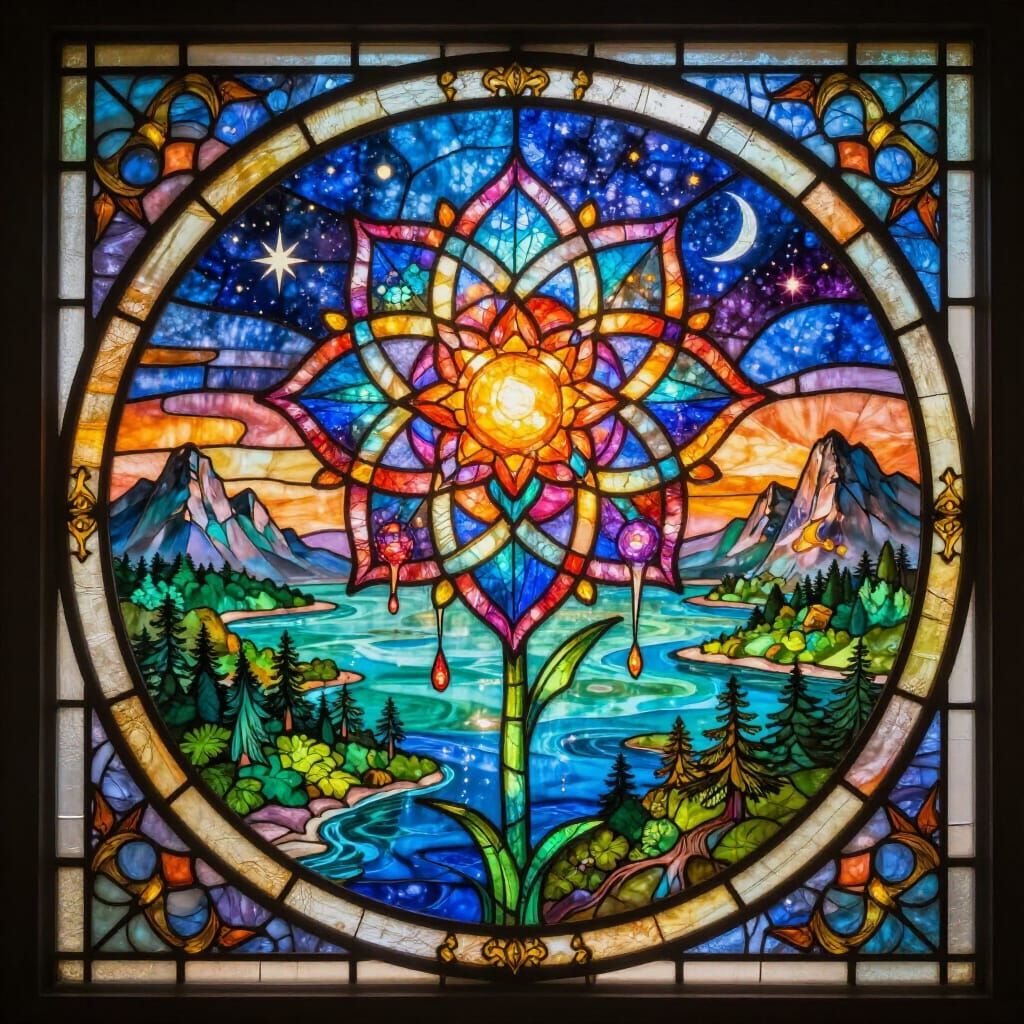 Stained Glass Flower of Life Emblem Over Mystical Landscape
