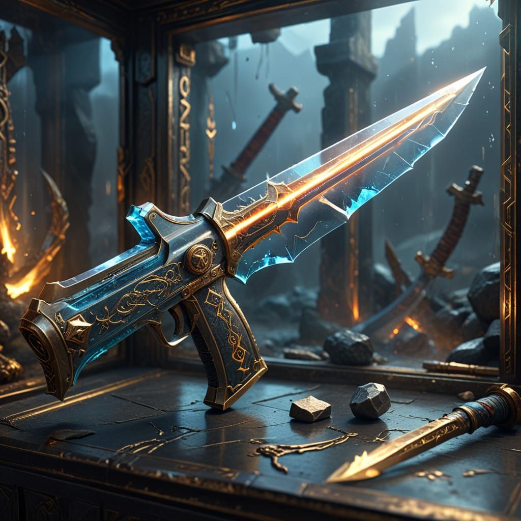 Magical Gunblade Fantasy Concept Art in Glass Case