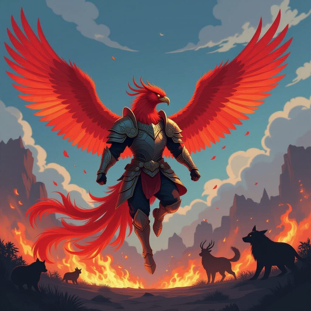 Armored Phoenix Soaring into Battle, Anime Style