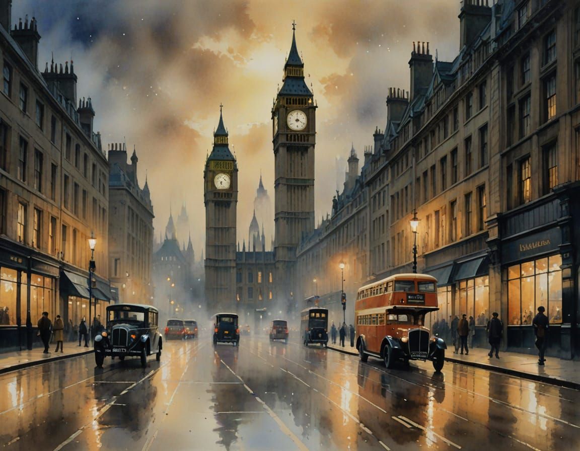 Late 19th Century London Street Scene in Whimsical Watercolo...