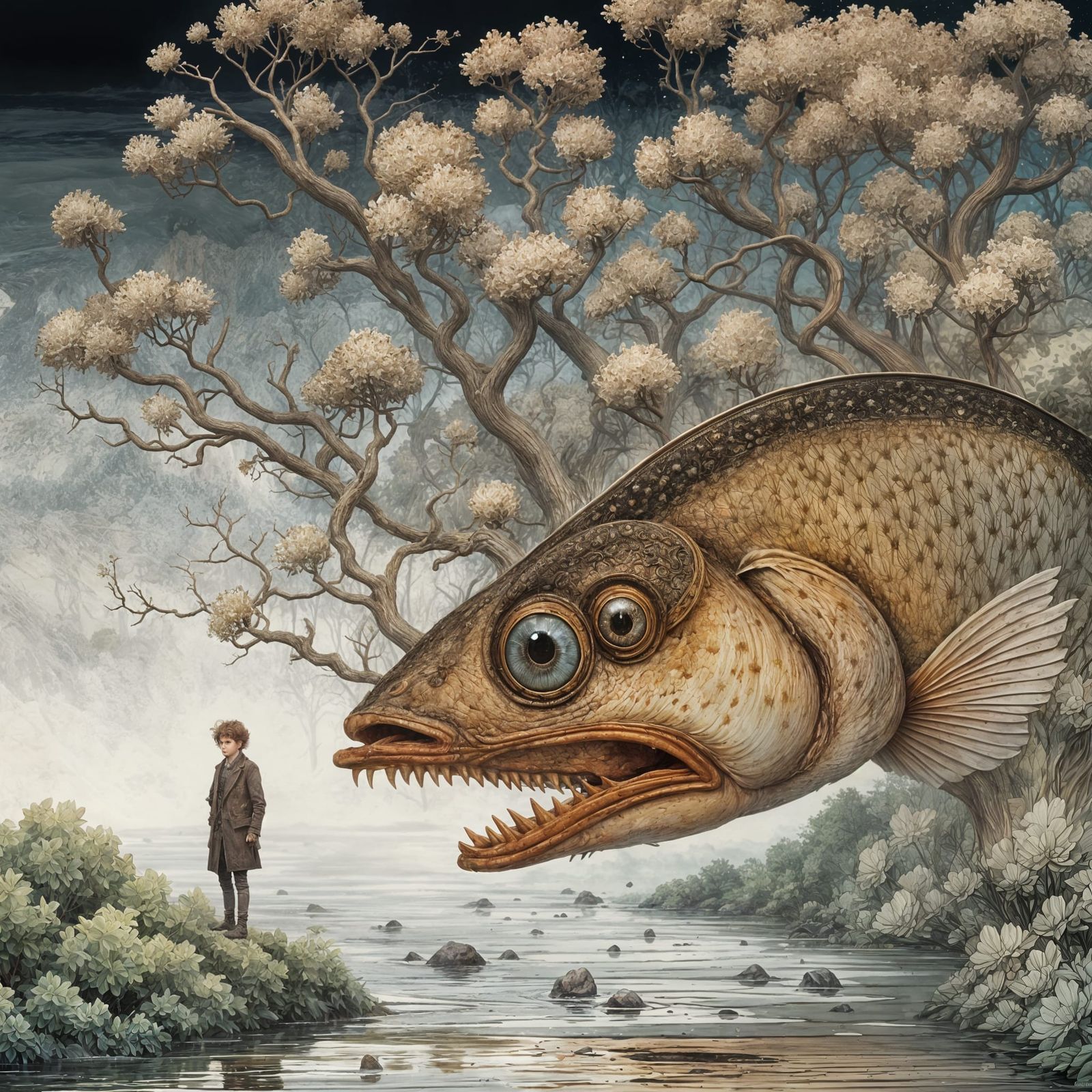 Detailed Japanese Painting with Magical Light Effects