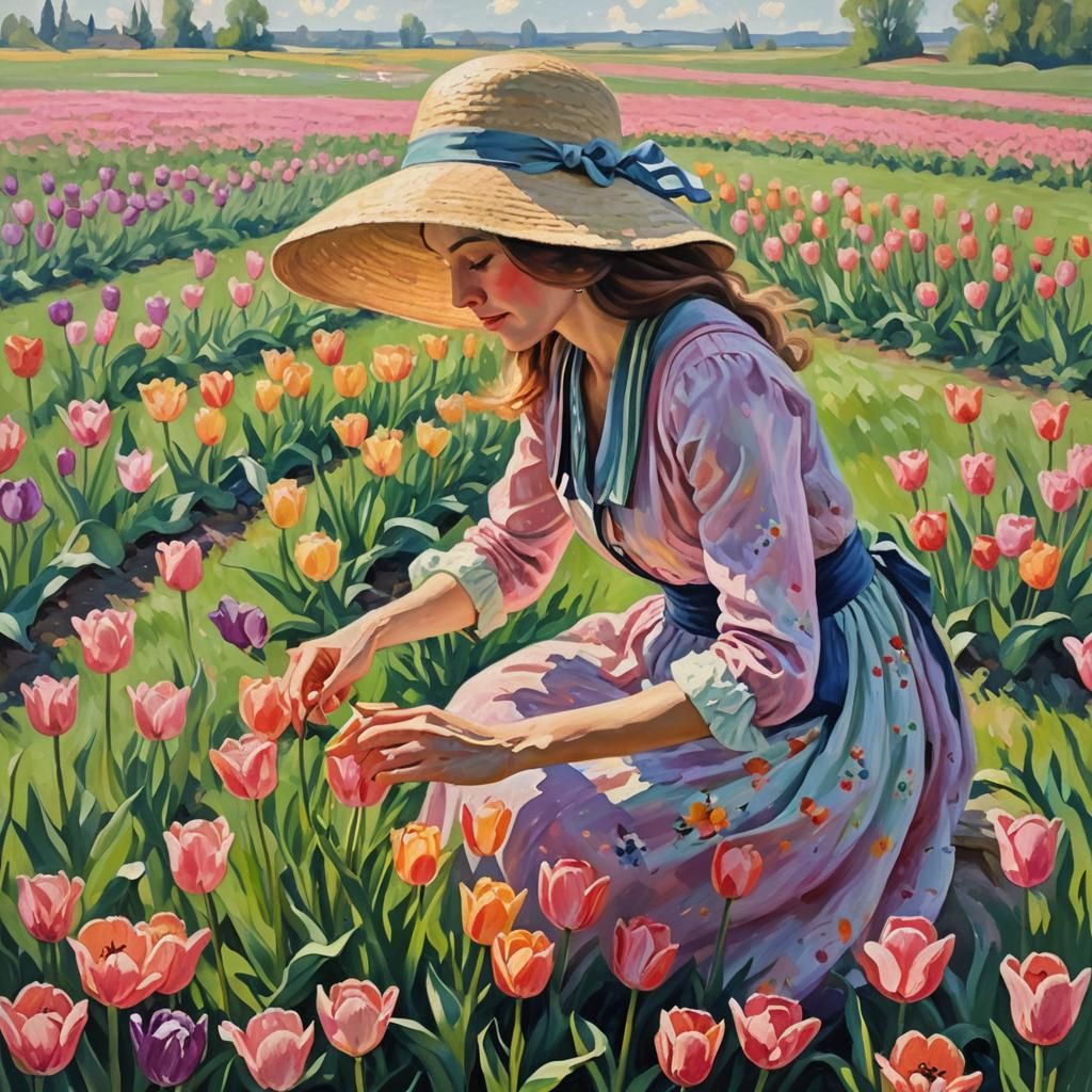 Woman in Tulip Field: Impressionist Oil Painting