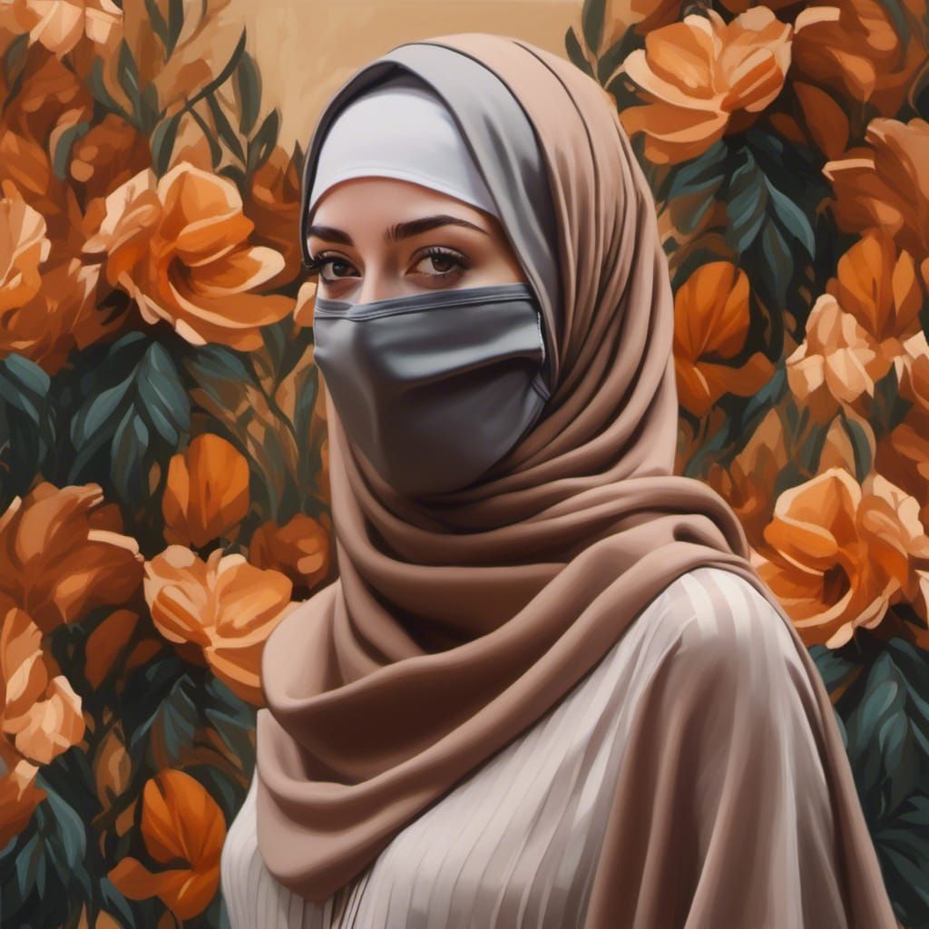 Hijabi Woman with Facemask in Oil Painting Style