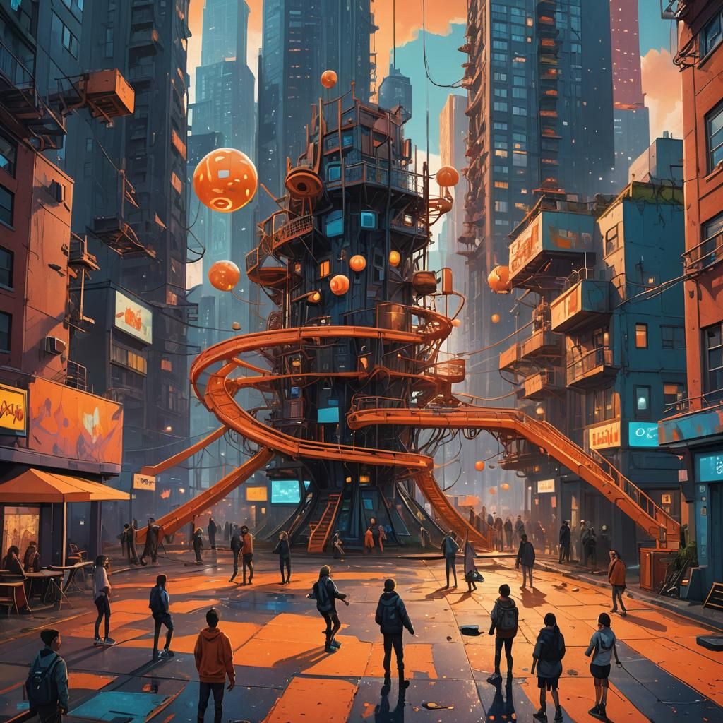 Teens Play on Surreal Playground in Cityscape