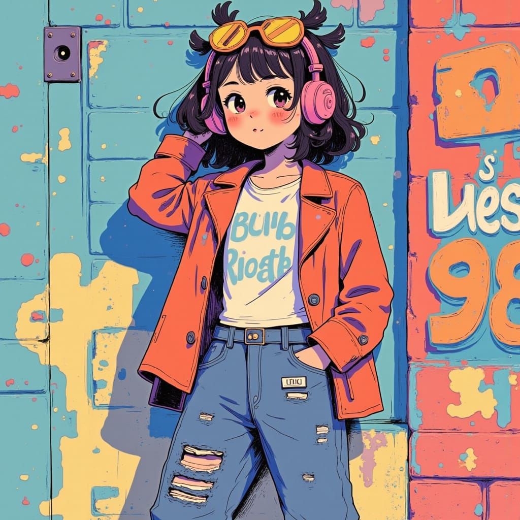 Girl with Headphones in Urban Digital Art Style
