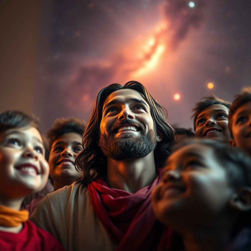 Serenity in the Cosmos: Jesus Surrounded by Smiling Children