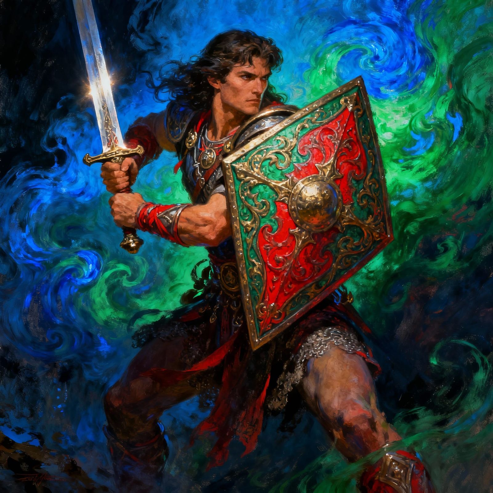 Fantasy Shield and Sword with Swirling Patterns