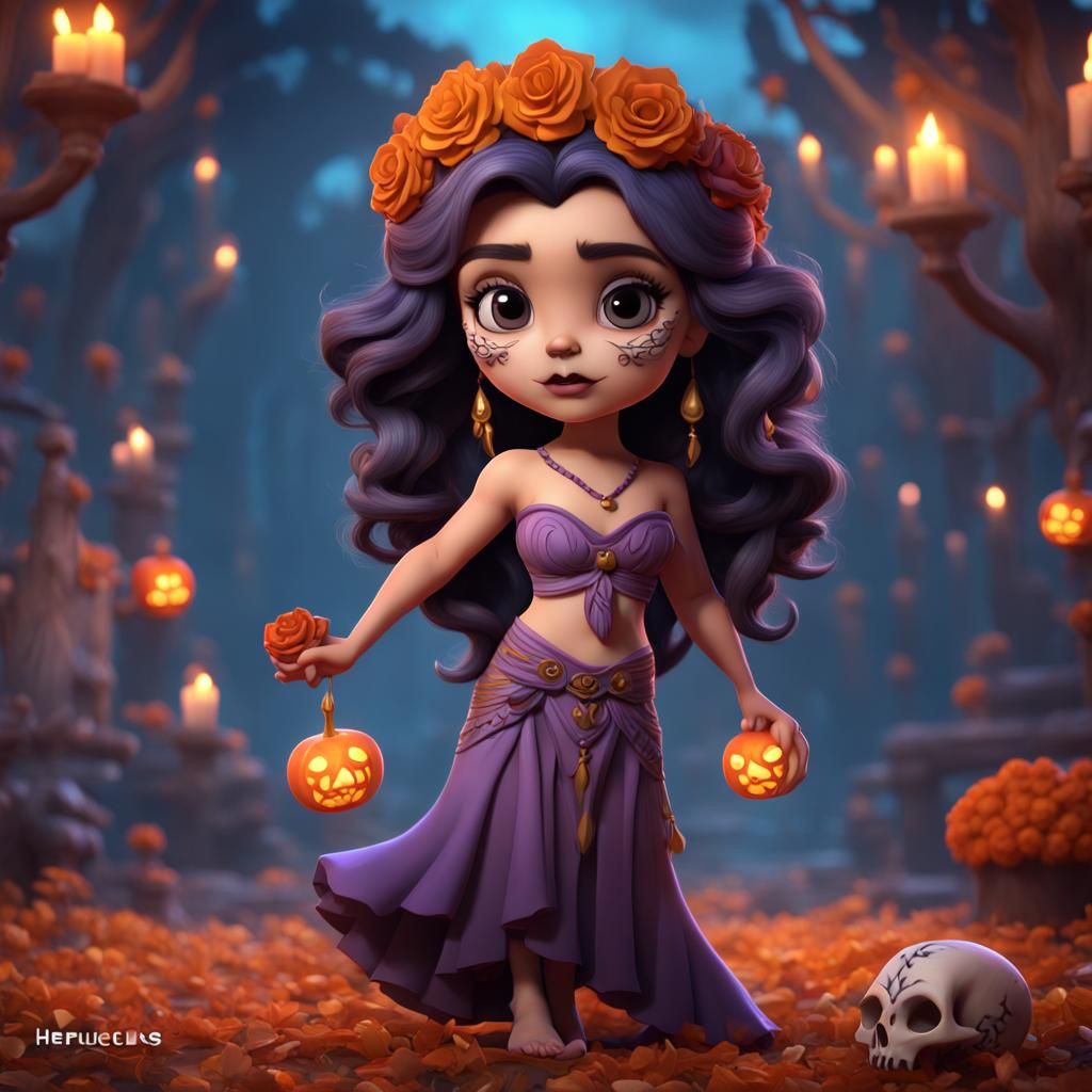 Chibi Megara Día de los Muertos Hyperrealistic Art
