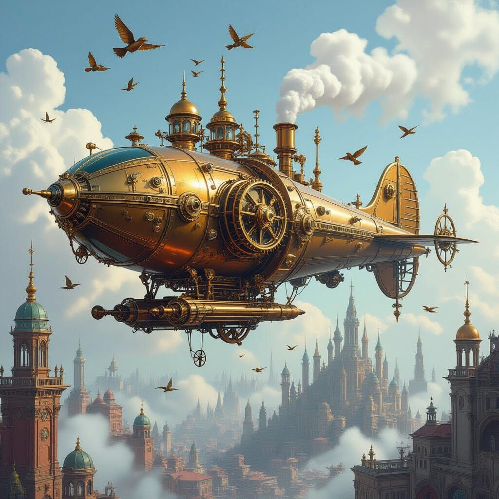 Steampunk Hummingbird Airship Over Metropolis, Art Nouveau S...