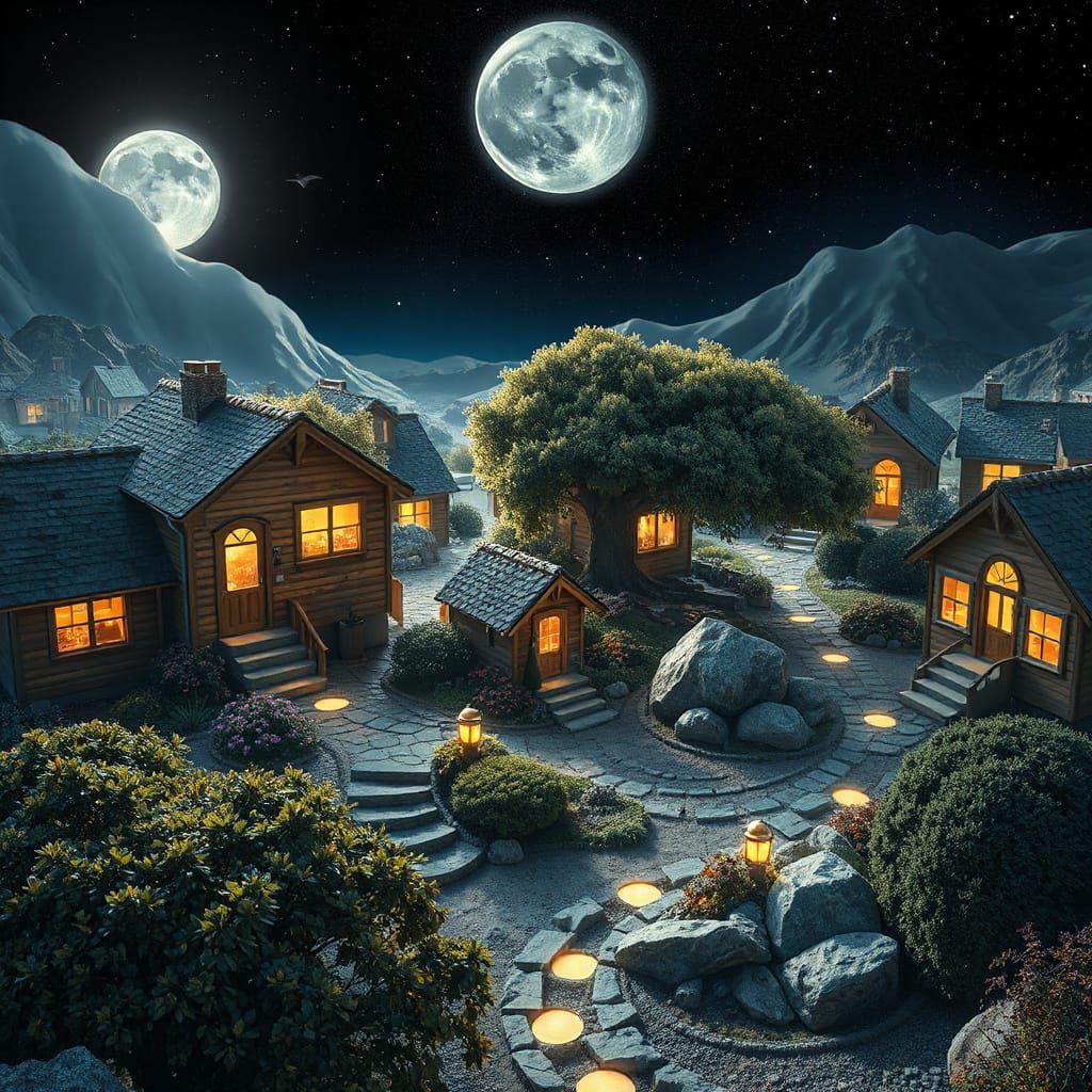 Surreal Solarpunk Lunar Village Unfolds in Glowing Radiance