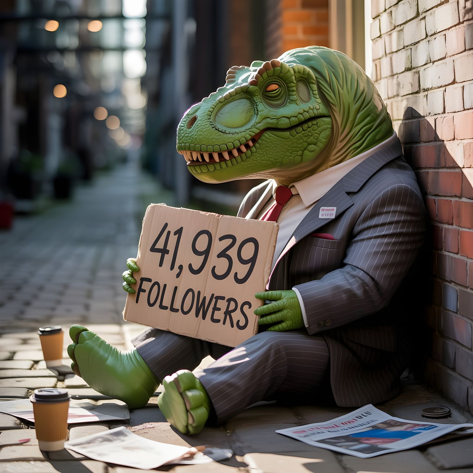 T-Rex in Suit Sleeps with Follower Sign
