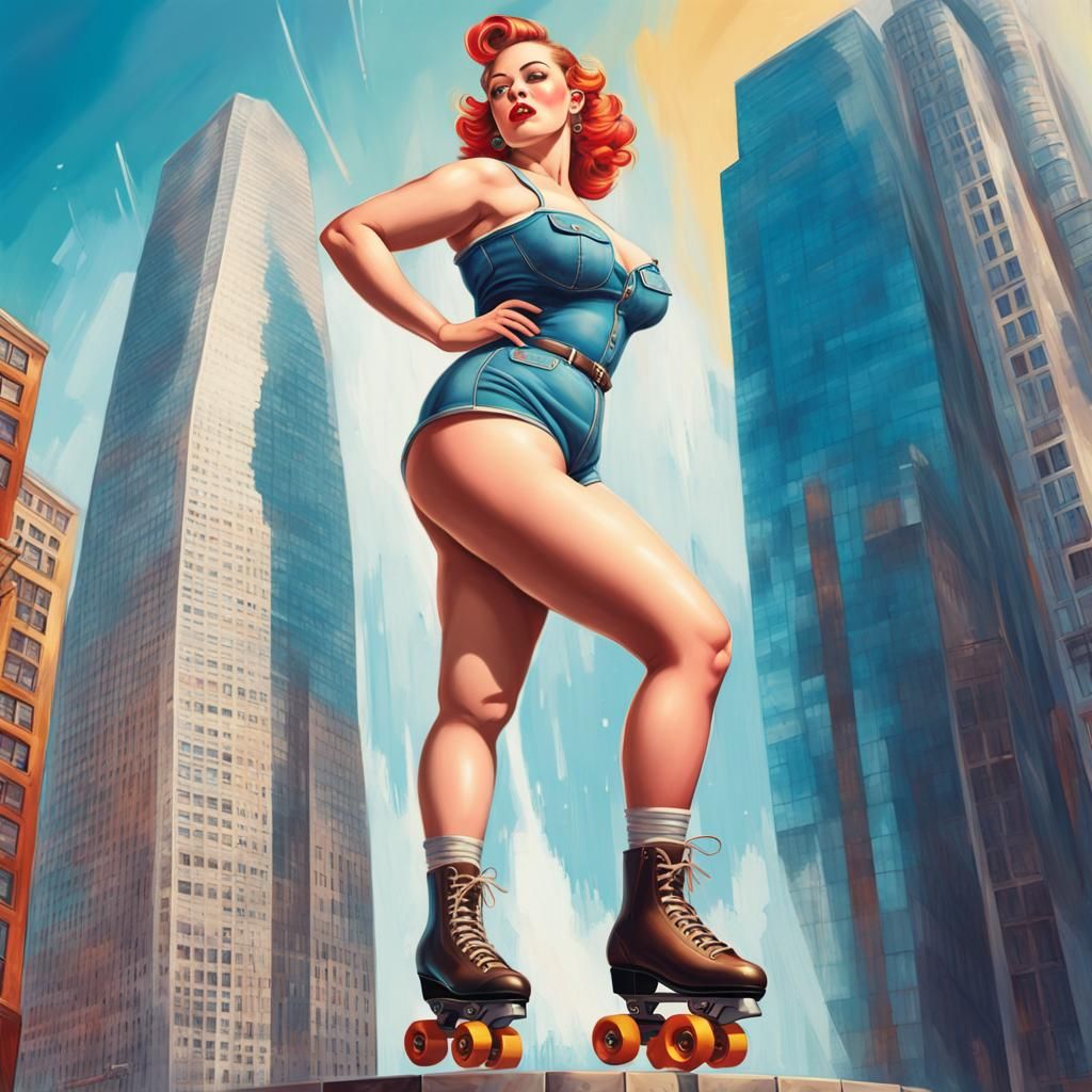 Giant Pinup Girl on Roller Skates in City