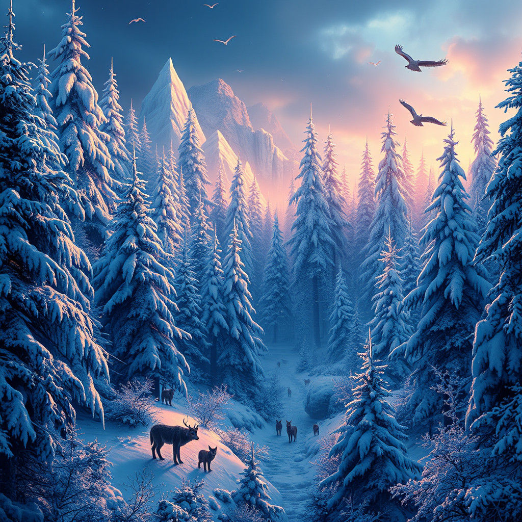 Winter Forest with Animals in Fantasy Art Style