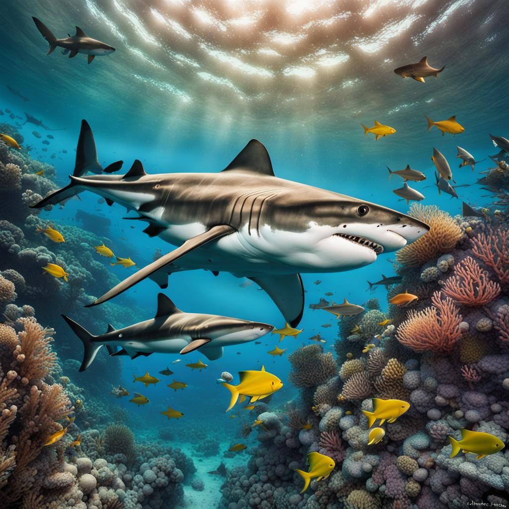 Underwater Scene with Sharks and Marine Life