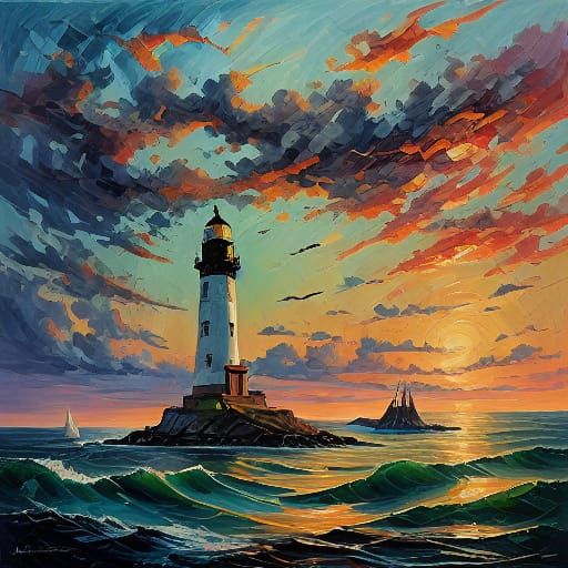 In the midst of a turbulent and stormy night, a lighthouse acts as a beacon of hope and guidance. The colossal waves, pr...