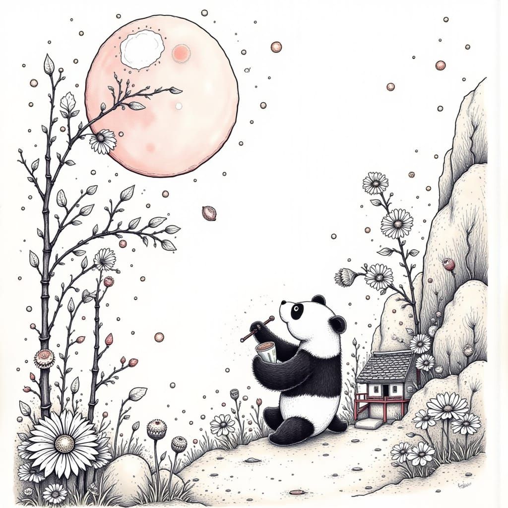 Surreal Aquarelle Panda in Serene Landscape with Bamboo and ...