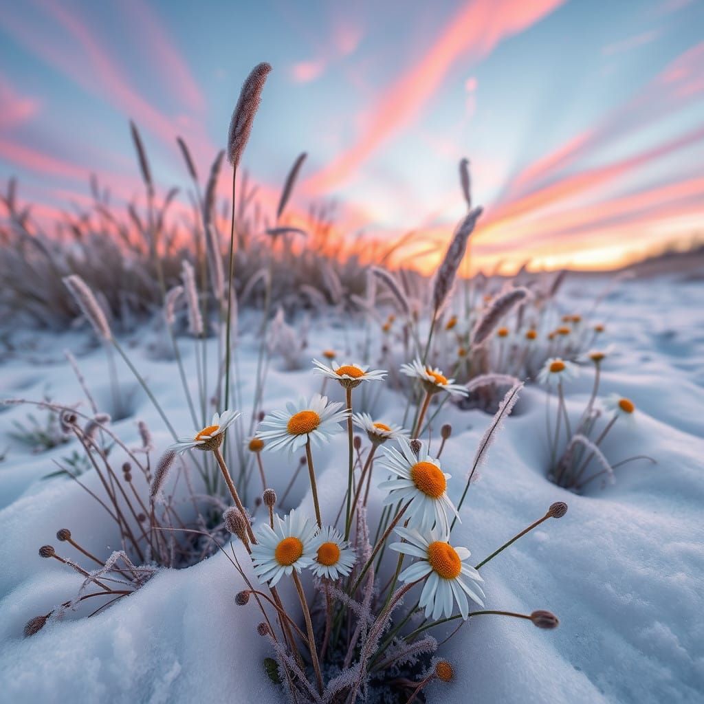 Vibrant Flowers Bloom Amidst Frosty Dusk