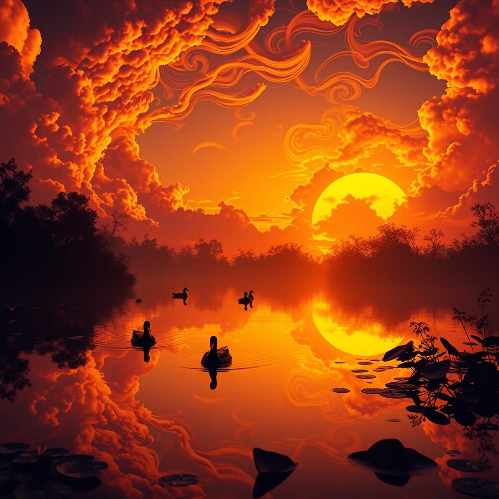Mystical Ducks Dance Across Golden Pond in Sunset Glow