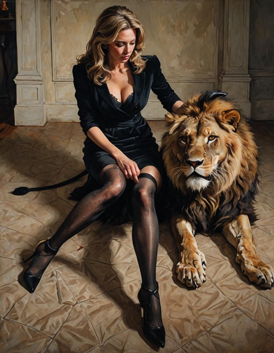 Strength Tarot Card: Woman Taming Lion in Oil Painting Style