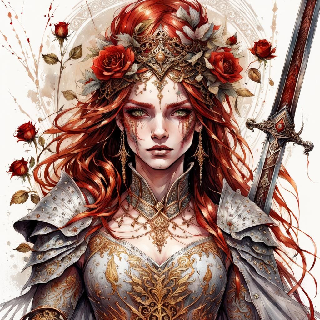 Beautiful Gothic Princess with Sword in Gouache Style