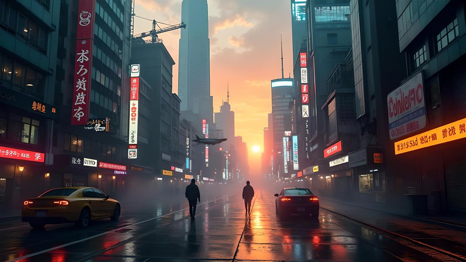 Cyberpunk Tokyu Cityscape with Flying Vehicles