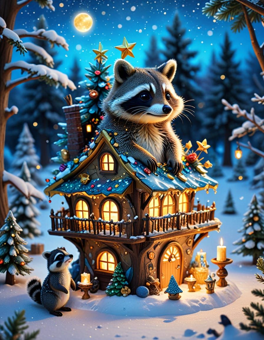 Whimsical Forest Scene: Animals Host Show, Build Treehouse, ...