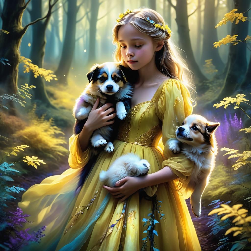 Girl with Aurora Aura Embracing Puppy in Forest